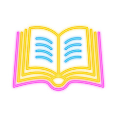 A vibrant neon-style illustration of an open book with glowing pages, symbolizing knowledge, education, reading, and learning