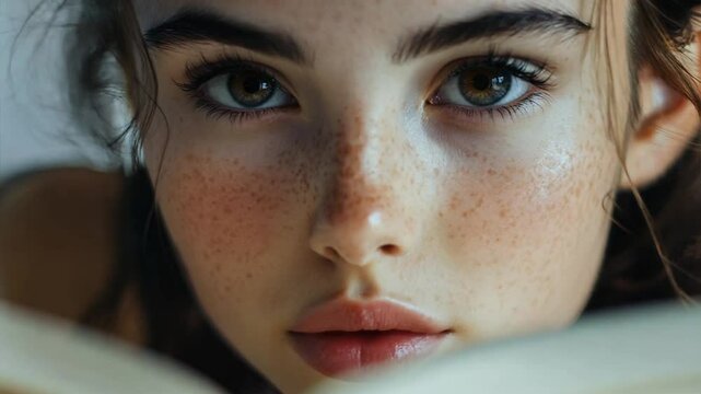 Close-Up of Young Woman Reading with Intense Expression and Focus