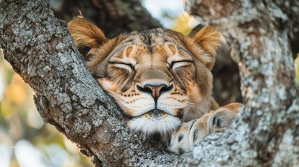 Close up of a peaceful lioness sleeping nestled in the branches of a tree, dappled sunlight filtering through the leaves.