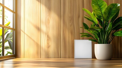 Elegant Frosted Glass Display with Green Plant in Natural Light