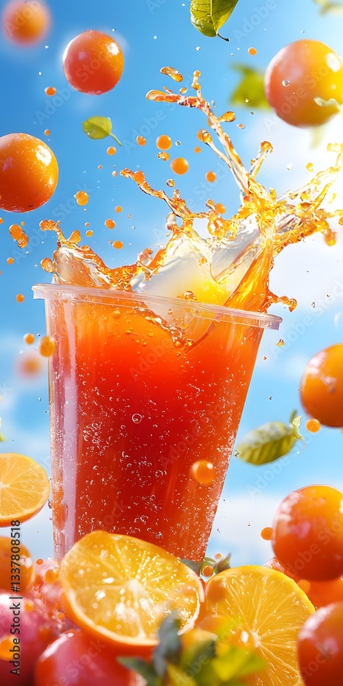 Poster refreshing fruit juice splash in clear cup with citrus elements