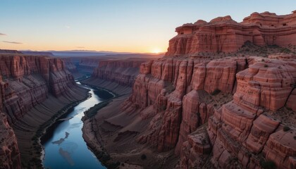 Majestic Sunset Over Red Rock Formations and River Valley Landscape