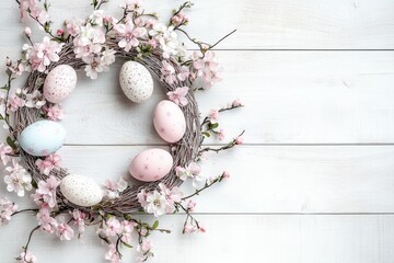 Easter egg wreath on a wooden background.