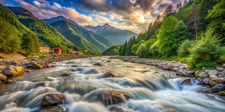 Rosa Khutor Mountain River: Fast-flowing Water in Krasnodar Region, Russia