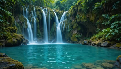 Serene Tropical Waterfall Cascading into Crystal Clear Pool