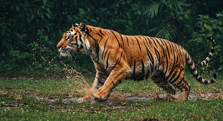 Fototapeta premium Majestic Tiger Running Through a Rainforest After a Rainstorm. Generative Ai