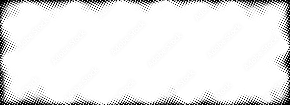 Poster halftone rectangle grain frame. black comic dotted wavy border. pop art fading gradient framing back