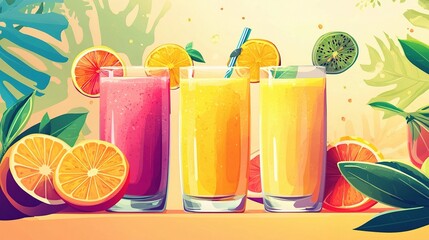 Vibrant Summer Juice Stand Illustration with Fresh Fruits and Colors