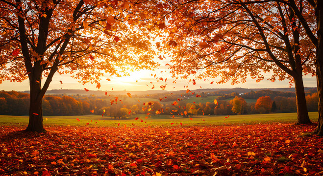 Autumnal Sunset in a Leaf-Covered Meadow