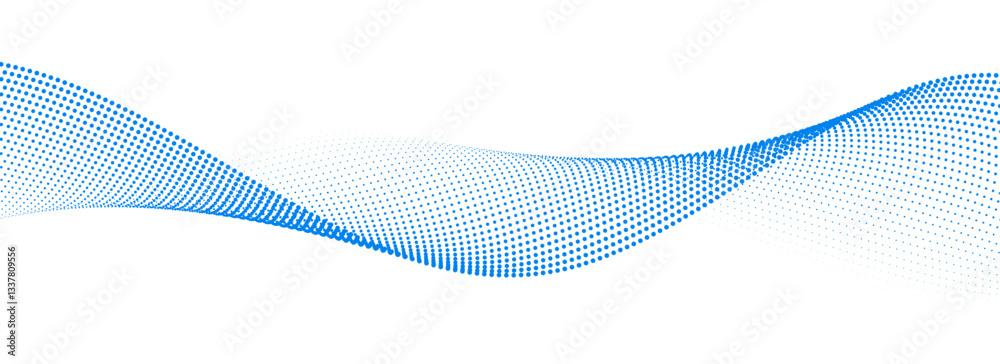 Aufkleber Blue dotted wave line pattern. Light halftone undulate net background. Abstract air flowing particle wallpaper. Vector curve dashed gradient element for poser, banner, presentation, booklet, flyer