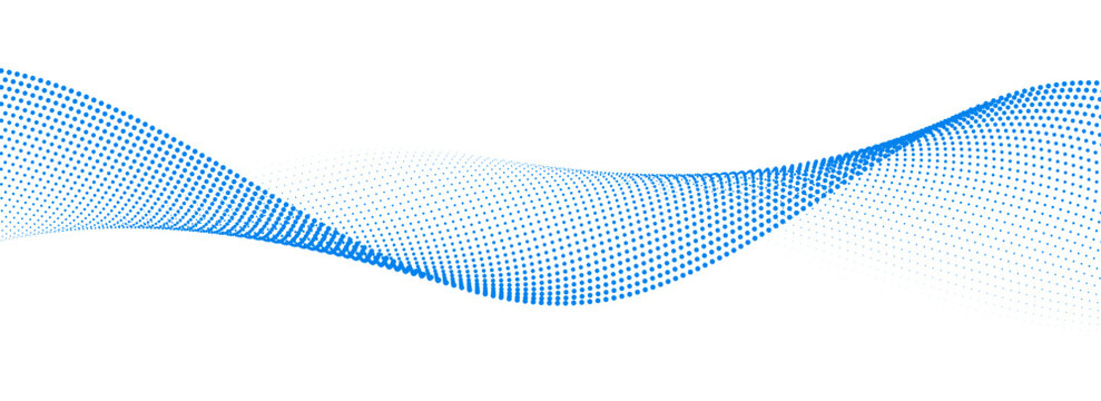 Blue dotted wave line pattern. Light halftone undulate net background. Abstract air flowing particle wallpaper. Vector curve dashed gradient element for poser, banner, presentation, booklet, flyer