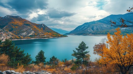 Autumn lake, mountain view, scenic landscape, cloudy sky, travel poster