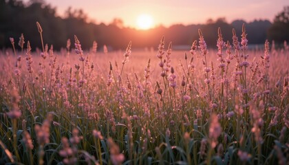 Naklejka premium Serene Sunrise Over Blooming Meadow with Pink Wildflowers
