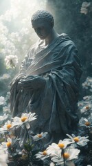 Serene statue surrounded by blooming daisies in a tranquil garden setting with soft light