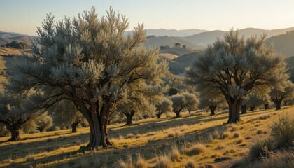 Fototapeta premium Serene Landscape of Olive Trees Under Golden Hour Light