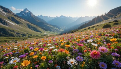 Obraz premium Colorful Wildflowers Blooming in Alpine Valley Under Bright Sunlight