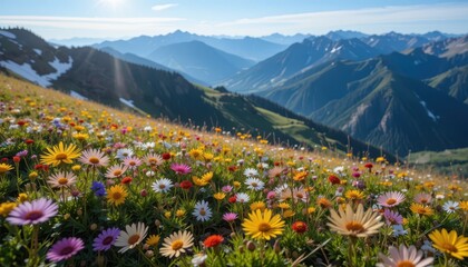 Fototapeta premium Scenic Mountain Landscape with Vibrant Wildflowers in Bloom