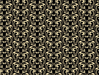 Floral pattern. Seamless vector background. Vintage wallpaper in the Baroque style. Golden and black ornament for fabric, wallpaper, packaging. Ornate Damask flower illustration