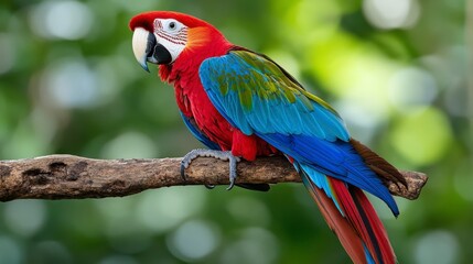 Obraz premium Vibrant red and blue macaw perched on a dark brown branch against a blurred green background. The bird is in sharp focus, showcasing its colorful plumage.