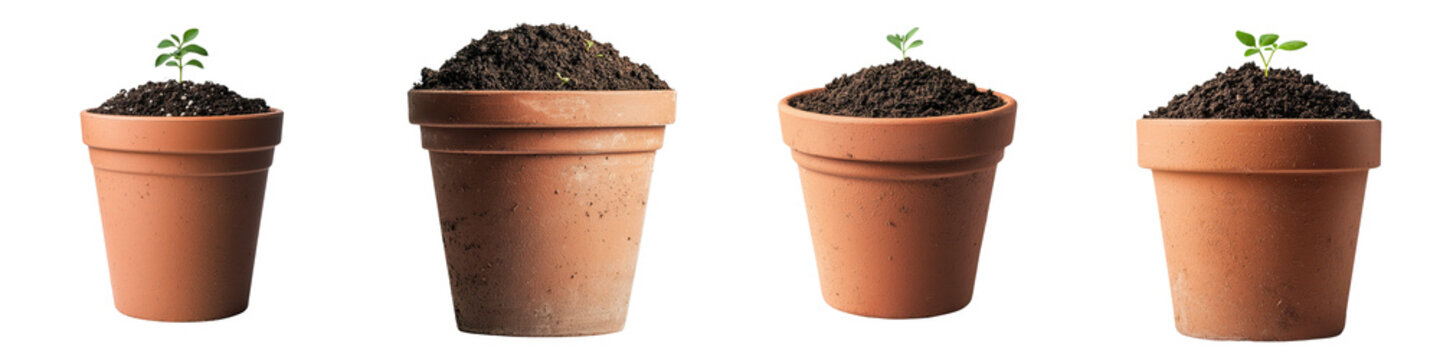 Four terracotta plant pots filled with dark fertile soil ready for seedlings or young plants to be potted and nurtured