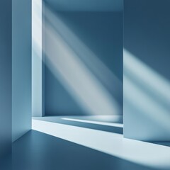Abstract minimalist blue room with sunbeams