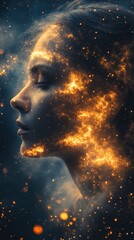 Ethereal portrait of a woman with glowing cosmic patterns against a dark background