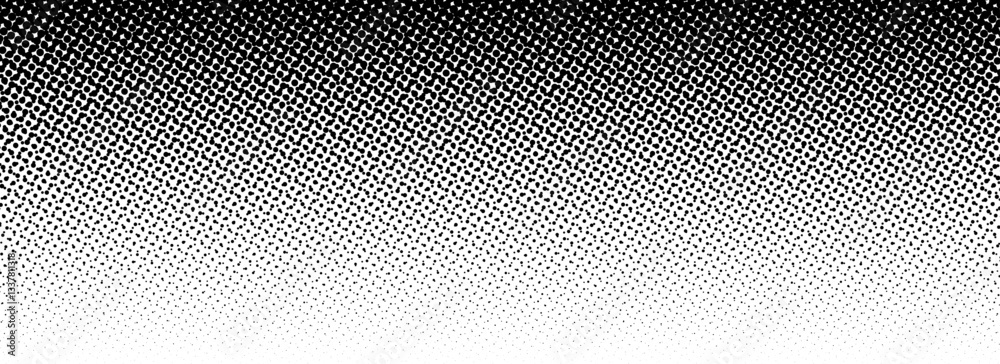 Poster black halftone gradient background. fading overlapping dotted half tone texture. vanishing polka dot