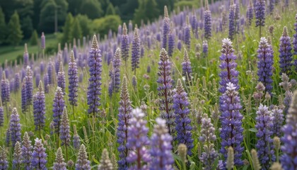 Beautiful Purple Lupine Flowers Blooming in Outdoor Landscape