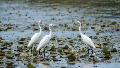 White Egrets Standing Amidst Water Lilies on a Serene Lake