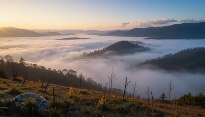 Serene Mountain Landscape with Fog at Sunrise Over Rolling Hills