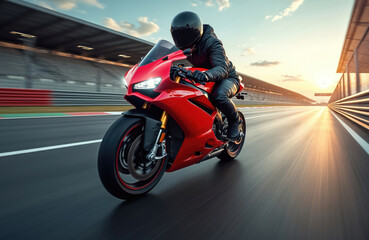Fototapeta premium Biker in black leather suit races on red motorbike. Sunset on race track. Extreme sport, speed, power, competition, action. Motorsport event, drive, racer on curve. Biker lifestyle.