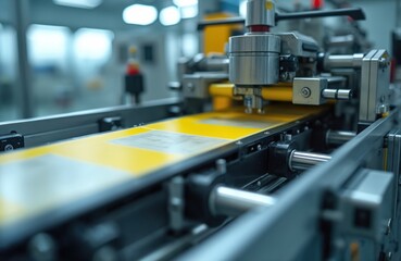 Close-up of sticking labeling machine conveyor fragment. Automated industrial equipment. Applying label to cardboard box. Factory production line, automated process. Modern manufacturing concept,