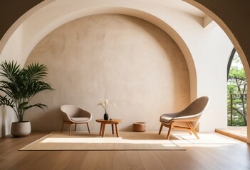 Interior background: a plastered wall with an arch and a lounge chair, minimalistic Japanese interior design of a modern living room. Warm beige tones, copy space.