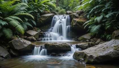Fototapeta premium Serene Waterfall Flowing Over Rocks Surrounded by Green Foliage