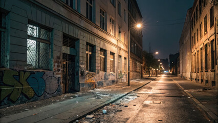 Fototapeta premium City street at night with broken windows and graffiti on walls, symbolizing urban violence and the impact of social issues on community environments.