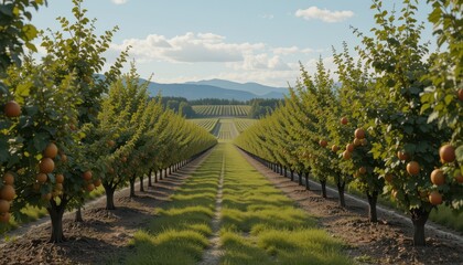 Naklejka premium Lush Orchard Pathway Through Rows of Fruit-Laden Trees Under Clouds