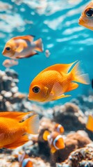 Fototapeta premium Vibrant orange fish swim amidst a coral reef in clear blue water. Other fish are visible in the background, creating a lively underwater scene.