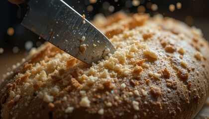 Freshly Baked Bread Being Sliced with a Sharp Knife in Kitchen
