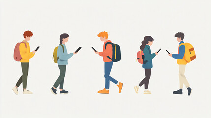 Obraz premium group of diverse students walking while focused on their smartphones, each carrying backpack. scene captures modern learning environment with casual and engaged atmosphere