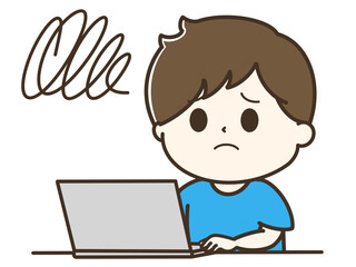 モヤモヤして困っているパソコンを使う男性の上半身のゆるかわイラスト