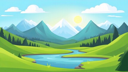 Obraz premium Charming Cartoon Mountain Landscape with River and Sunny Sky