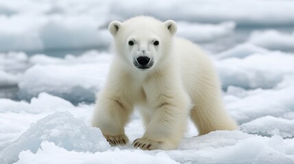 Naklejka premium A young polar bear cub stands on a snowy, icy landscape. The cub is white with soft fur, and the background is filled with chunks of ice and snow.