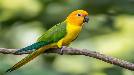 Fototapeta premium Vibrant yellow and green parrot perched on a tree branch, detailed plumage, soft focus background.