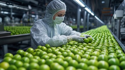 Workers carefully sorting and packing green apples in a warehouse