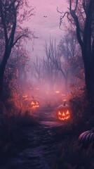 Obraz premium Glowing Jack O'lanterns Illuminate Foggy Forest Path for Halloween Night