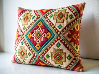 Rustic White Embroidered Geometric Pillow, National Ornament Cushion, Decorative Throw Pillow