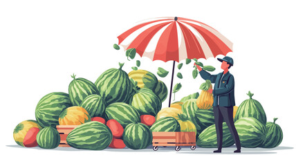 A digital illustration depicting a stylized cartoon vendor standing next to a large pile of watermelons and other assorted fruits under a red and white striped umbrella. The style is reminiscent of