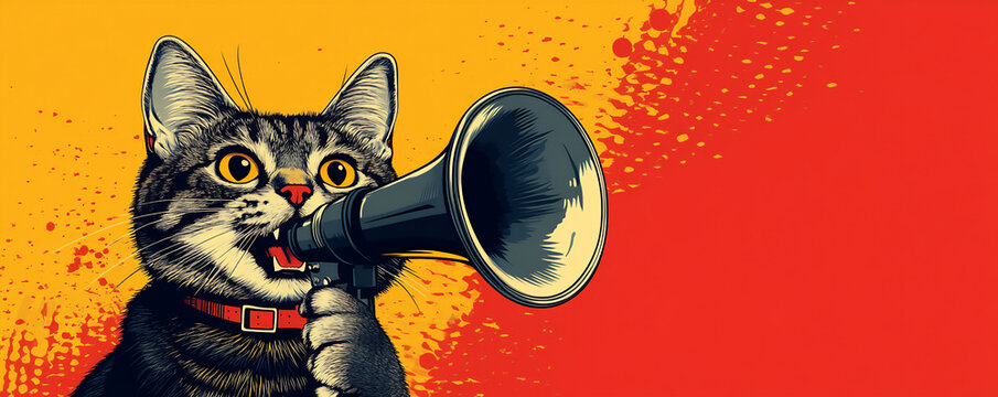 a yellow and red background with a cat's head emerging from the bottom lef