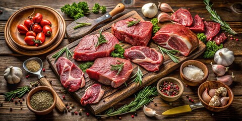 Fototapeta premium Rustic Wooden Board with Assorted Raw Meat Cuts, Seasonings, and Utensils - Stock Photo
