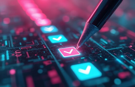 Online survey form with answer options in digital futuristic style. Pen marks checkbox button with checkmark. Education assessment and quiz concept for marketing business.